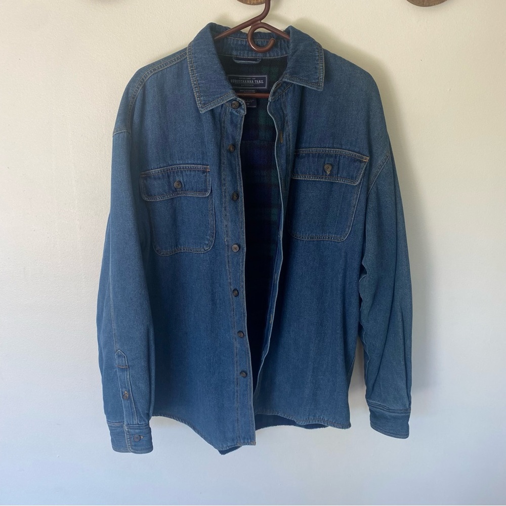 Vintage Susquehanna Trail plaid fleece lined denim shirt jacket shacket medium